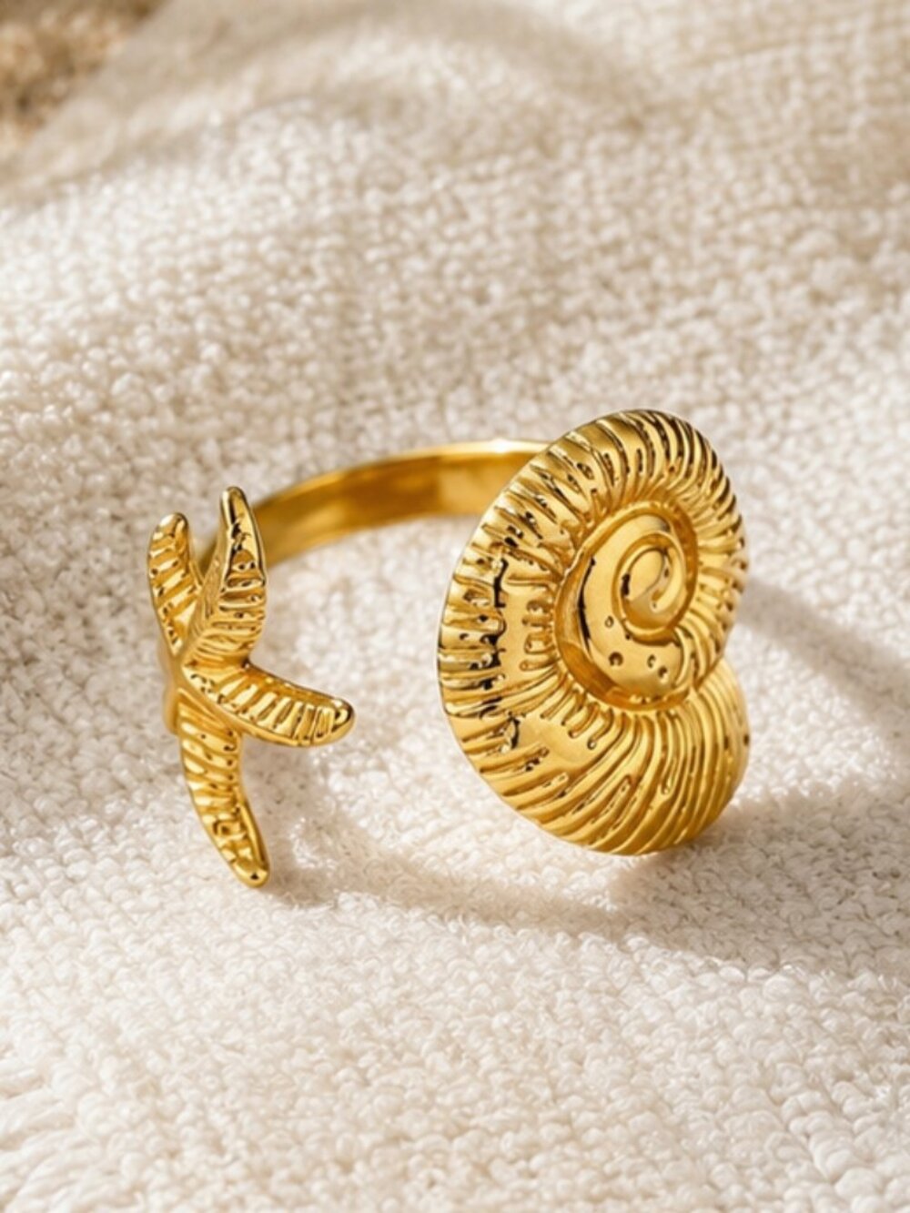 18K Gold Plated Starfish Nautilus Shell Adjustable Open Ring Coastal Beach NEW
